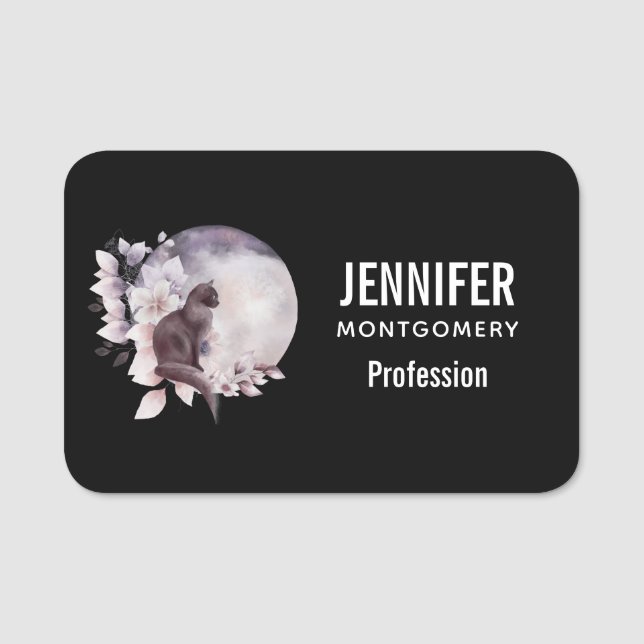 Schwarze Katze durch einen magischen Vollmond Namensschild (Vorderseite)