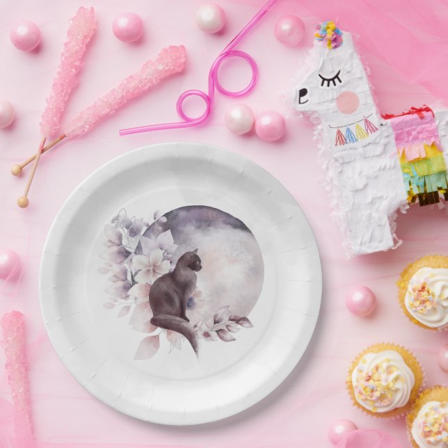 Schwarze Katze durch einen magischen Vollmond Pappteller (Party)