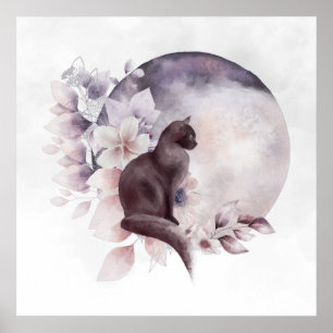 Schwarze Katze durch einen magischen Vollmond Poster