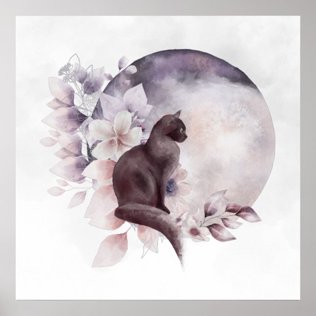 Schwarze Katze durch einen magischen Vollmond Poster (Vorne)