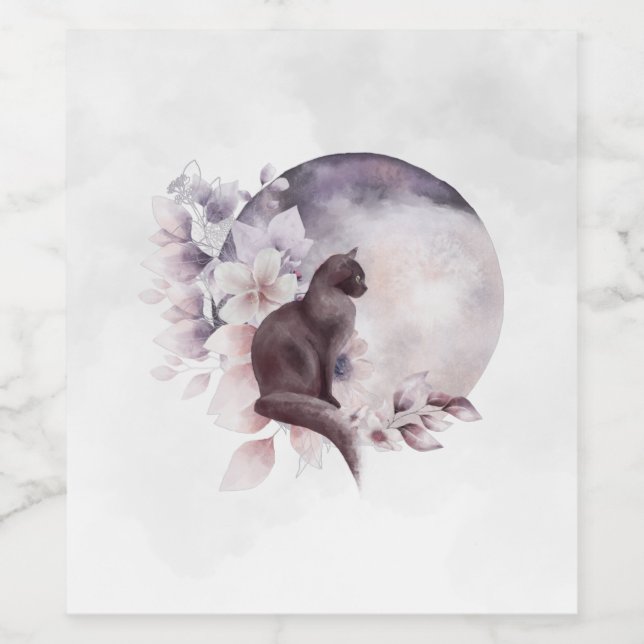 Schwarze Katze durch einen magischen Vollmond Weinetikett (Einzelnes Label)