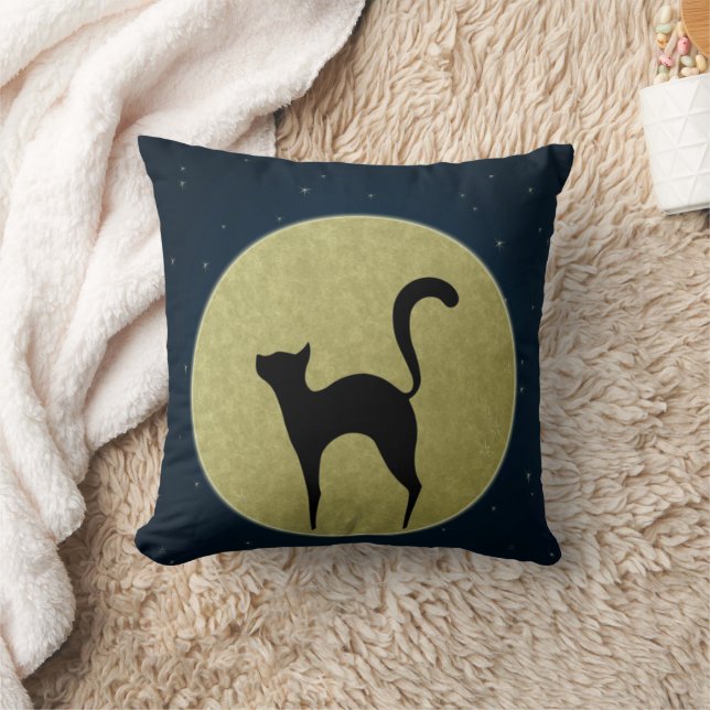Schwarze Katze Eleganz Silhouette und Mond Kissen (Decke)