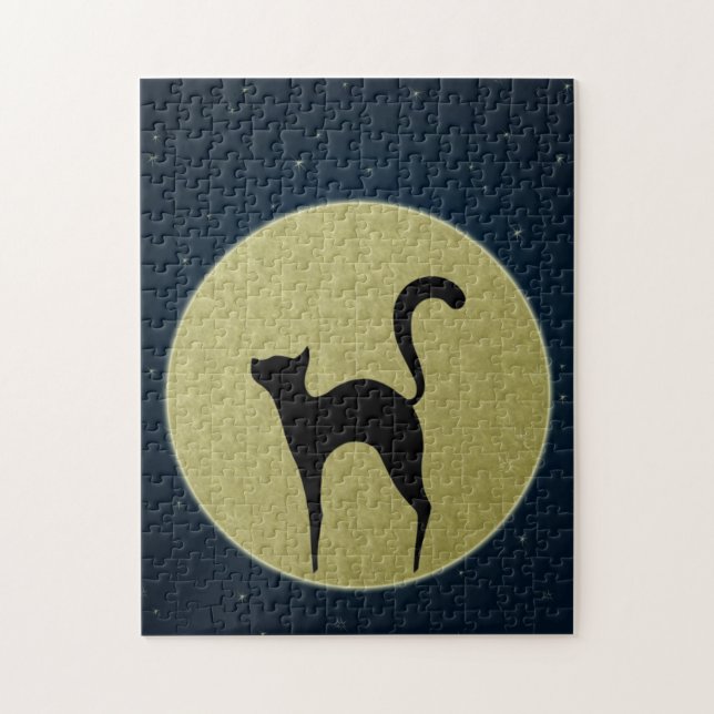 Schwarze Katze Eleganz Silhouette und Mond Puzzle (Vertikal)