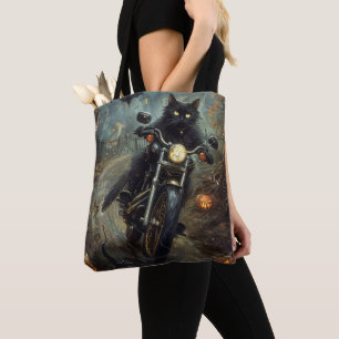 Schwarze Katze fährt Motorrad Halloween Gruselig