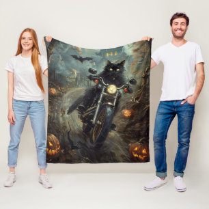 Schwarze Katze fährt Motorrad Halloween Gruselig Fleecedecke