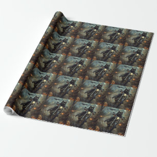 Schwarze Katze fährt Motorrad Halloween Gruselig Geschenkpapier