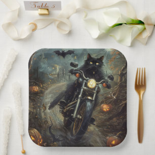 Schwarze Katze fährt Motorrad Halloween Gruselig Pappteller