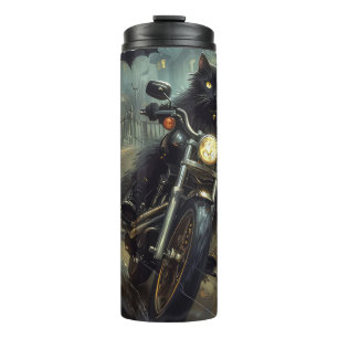 Schwarze Katze fährt Motorrad Halloween Gruselig Thermosbecher