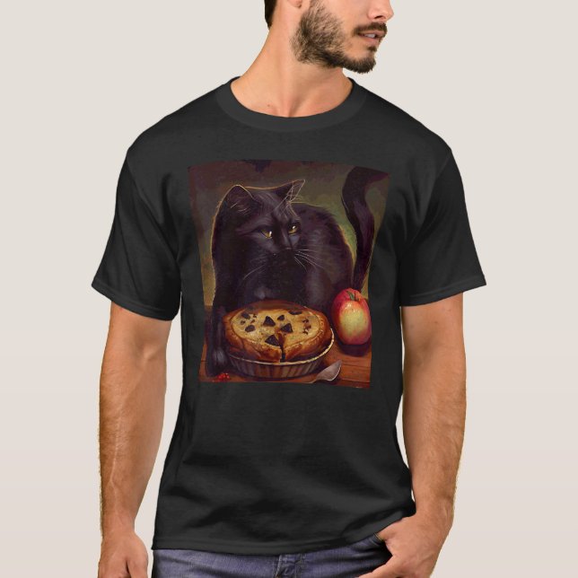 Schwarze Katze Faultier Apfelkuchen T-Shirt (Vorderseite)