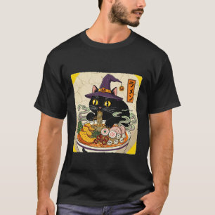 Schwarze Katze Feiertags-Hexenhut schlürfende Rame T-Shirt
