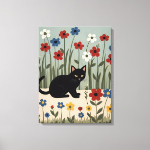 Schwarze Katze Florale Kunst Süße Botanische Wandd Leinwanddruck