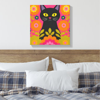 Schwarze Katze Folk Art Leinwanddruck Farbige Skan