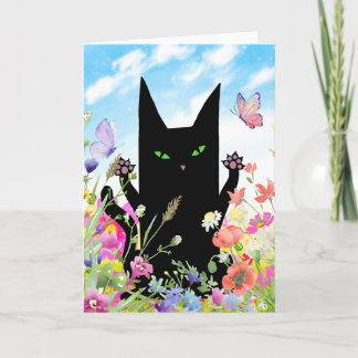 Schwarze Katze Frühling Grußkarte: Kitty und Blum Karte