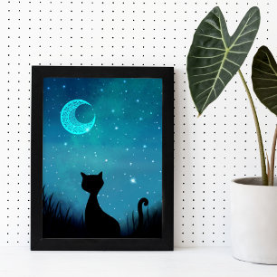 Schwarze Katze funkelnder Sternenhimmel moderne Il Poster