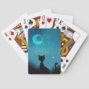 Schwarze Katze funkelt Nachthimmel moderne Illustr Spielkarten