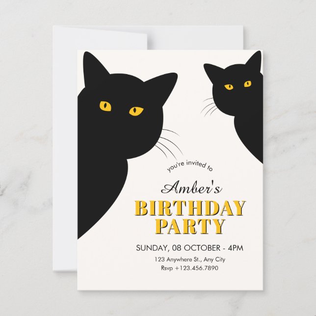 Schwarze Katze Geburtstag Einladung (Vorderseite)