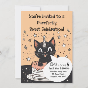 Schwarze Katze Geburtstagsfeier Sterne Rosa Kuchen Einladung