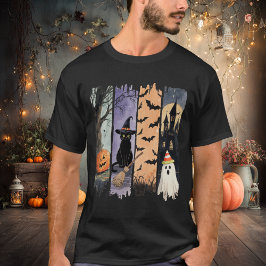 Schwarze Katze, Geist, Kürbis, Fledermäuse und Spu T-Shirt