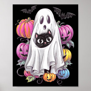 Schwarze Katze Geist mit Kürbissen Grusel Hallowee Poster