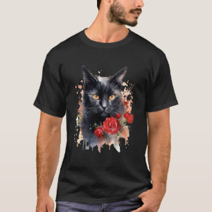Schwarze Katze Gelbe Augen Floral Rote Rosen Blume T-Shirt