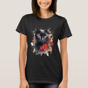 Schwarze Katze Gelbe Augen Floral Rote Rosen Blume T-Shirt