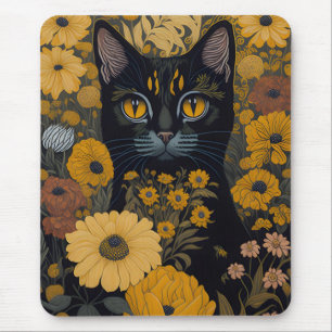 Schwarze Katze Gelbe Augen Vintage Blumen #2 Mousepad