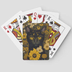 Schwarze Katze Gelbe Augen Vintage Blumen #2 Spielkarten