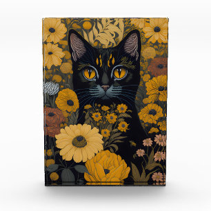 Schwarze Katze Gelbe Augen Vintage Blumen Fotoblock
