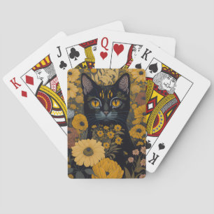 Schwarze Katze Gelbe Augen Vintage Blumen Spielkarten