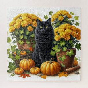 Schwarze Katze Gelbe Chrysanthemen Herbst Puzzle