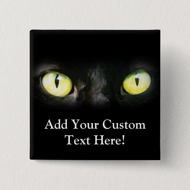 Schwarze Katze, gelbe grüne Augen, Milk und Spooky Button (Vorderseite)