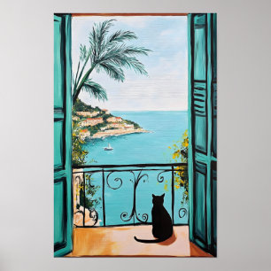 Schwarze Katze genießt das schöne Meer Poster