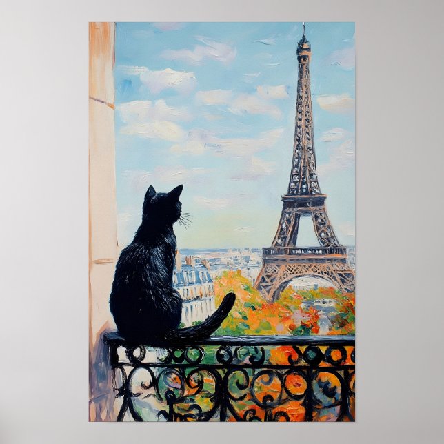 Schwarze Katze genießt den Blick auf den Eiffeltur Poster (Vorne)