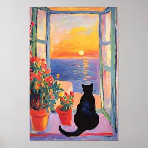Schwarze Katze genießt den Meerblick Poster