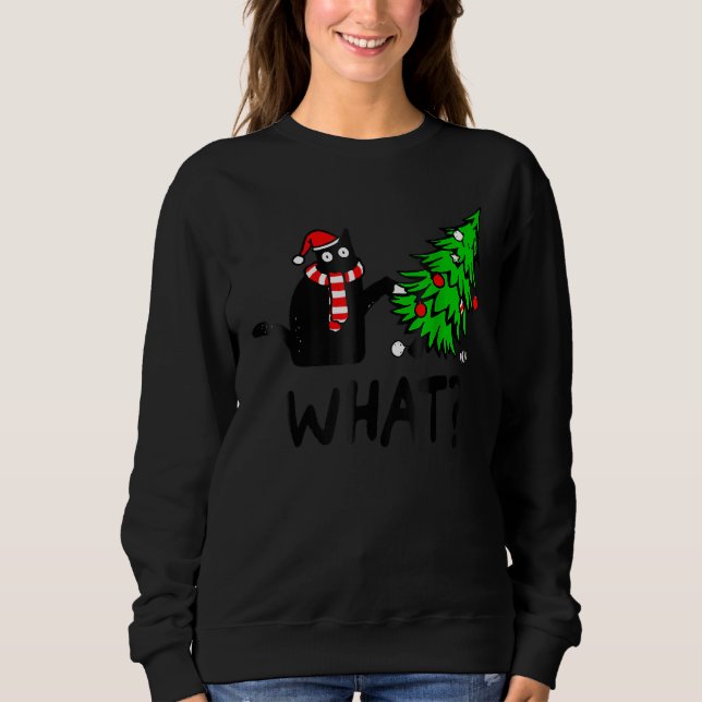 Schwarze Katze Geschenk schiebt Weihnachtsbaum übe Sweatshirt (Vorderseite)