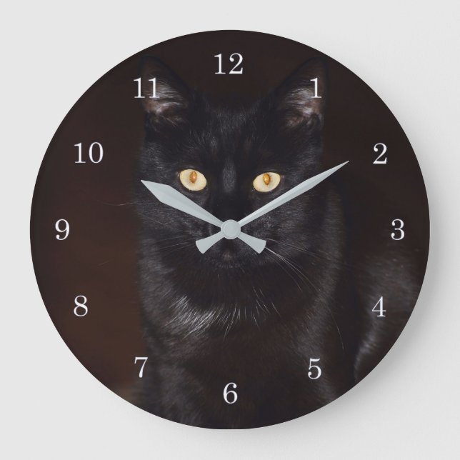 Schwarze Katze Große Wanduhr (Vorderseite)