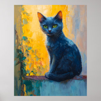 schwarze Katze, grüne Augen, launische Katze, farb Poster