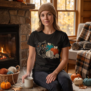 Schwarze Katze Häkeln Kürbisse Süß Halloween T-Shirt