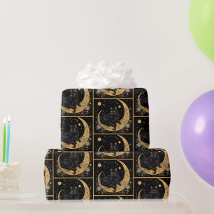 Schwarze Katze Halbmond Blumen Gold Halloween Geschenkpapier