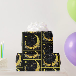 Schwarze Katze Halbmond Blumen Gold Halloween Geschenkpapier