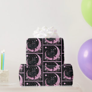 Schwarze Katze Halbmond Blumen Rosa Halloween Geschenkpapier