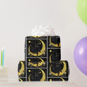 Schwarze Katze Halbmond Blumen Weiße Halloween Geschenkpapier