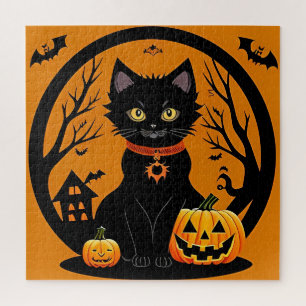 Schwarze Katze Halloween Kürbis Szene Puzzle