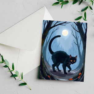 Schwarze Katze Halloween Mond Aquarell Feiertagskarte