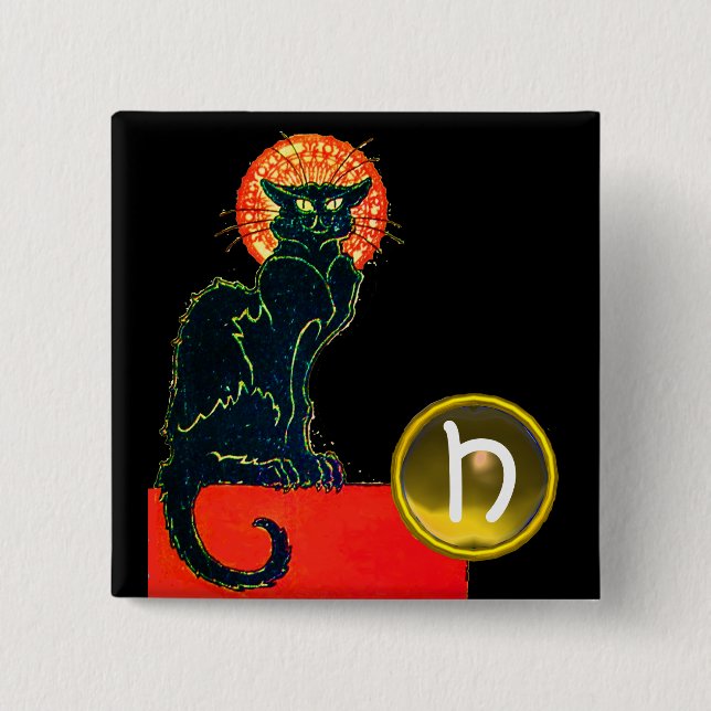 SCHWARZE KATZE HALLOWEEN-PARTY-MONOGRAMM BUTTON (Vorderseite)