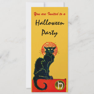 SCHWARZE KATZE HALLOWEEN PARTY MONOGRAMM gold Einladung