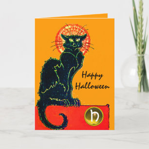 SCHWARZE KATZE HALLOWEEN-PARTY-MONOGRAMM KARTE