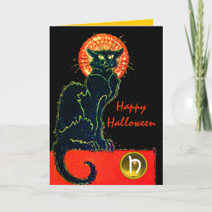 SCHWARZE KATZE HALLOWEEN-PARTY-MONOGRAMM KARTE