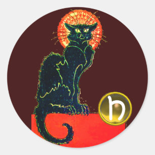 SCHWARZE KATZE HALLOWEEN-PARTY-MONOGRAMM RUNDER AUFKLEBER