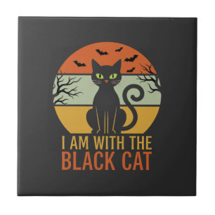 Schwarze Katze Halloween Retro-Sonnenuntergangs-De Fliese